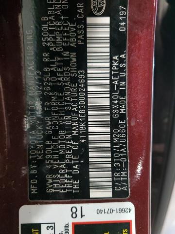 4T1BK1EB3DU024693 - 2013 TOYOTA AVALON BASE 栗色 照片 12