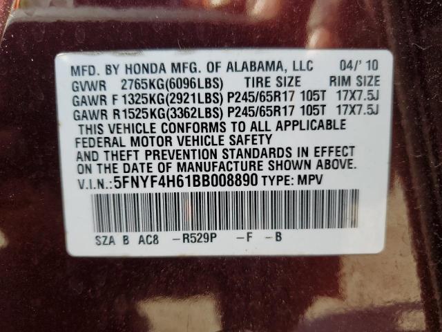 5FNYF4H61BB008890 - 2011 HONDA PILOT EXL BURGUNDY photo 14