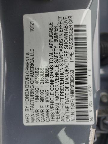 19XFL1H88NE002630 - 2022 HONDA CIVIC SPORT TOURING BLUE photo 12