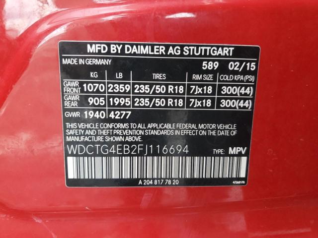 WDCTG4EB2FJ116694 - 2015 MERCEDES-BENZ GLA 250 RED photo 12