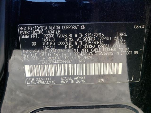 JTEGD20V440044482 - 2004 TOYOTA RAV4 BLACK photo 12