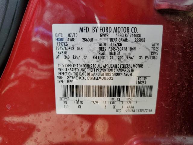 2FMDK3JC6BBA06503 - 2011 FORD EDGE SEL RED photo 13