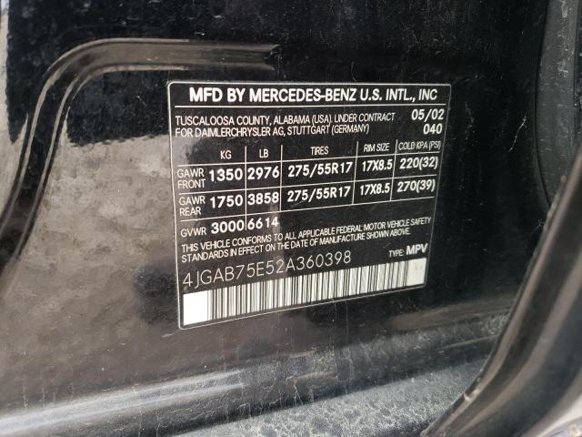 4JGAB75E52A360398 - 2002 MERCEDES-BENZ ML 500 BLACK photo 12