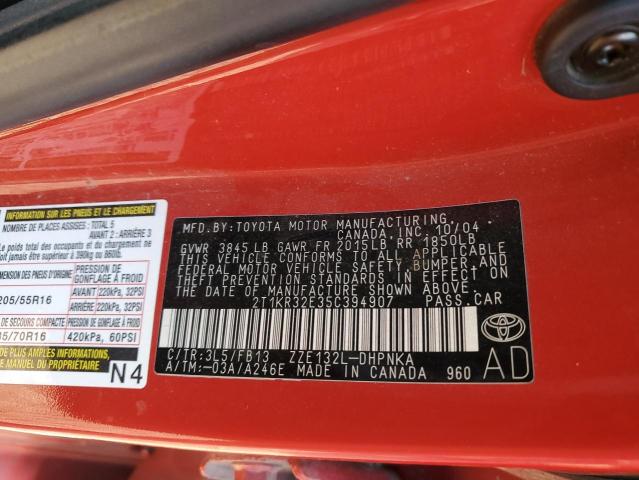 2T1KR32E35C394907 - 2005 TOYOTA COROLLA MA XR RED photo 12