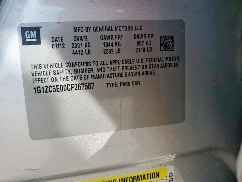 1G1ZC5E00CF267587 - 2012 CHEVROLET MALIBU 1LT SILVER photo 12