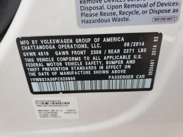 1VWBS7A30FC020600 - 2015 VOLKSWAGEN PASSAT SE Blanco foto 12