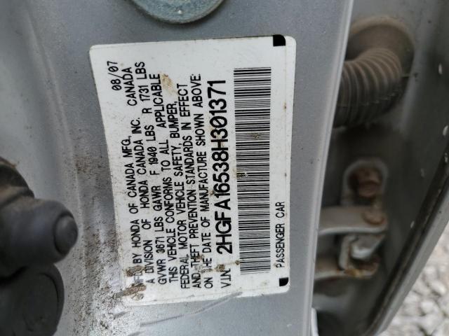 2HGFA16538H301371 - 2008 HONDA CIVIC LX SILVER photo 12