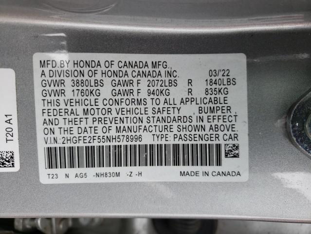 2HGFE2F55NH578996 - 2022 HONDA CIVIC SPORT 银色 照片 12