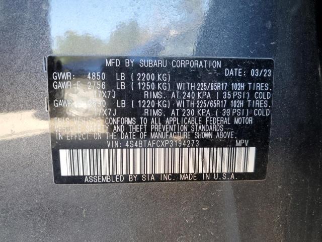 4S4BTAFCXP3194273 - 2023 SUBARU OUTBACK PREMIUM GRAY photo 12