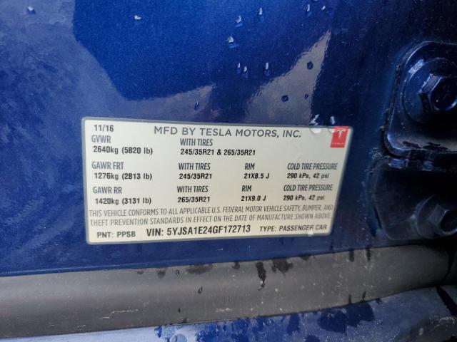 5YJSA1E24GF172713 - 2016 TESLA MODEL S ლურჯი ფოტო 12