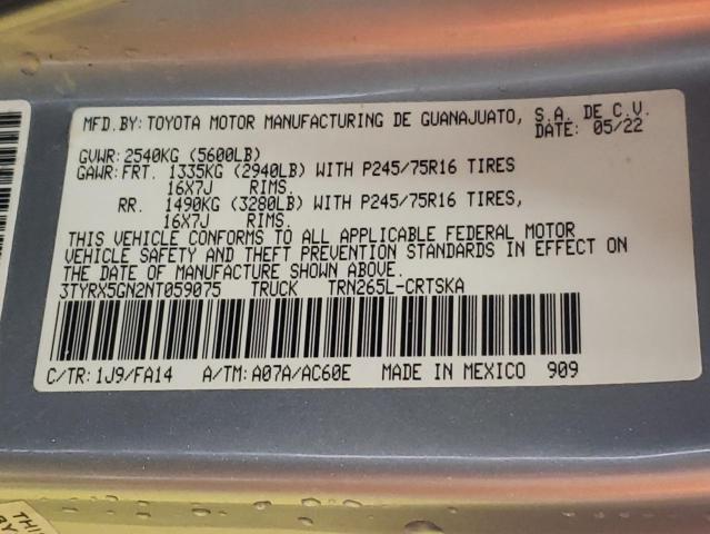 3TYRX5GN2NT059075 - 2022 TOYOTA TACOMA ACCESS CAB ნაცრისფერი ფოტო 12
