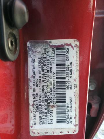 2T1BR32E93C010772 - 2003 TOYOTA COROLLA CE RED photo 12