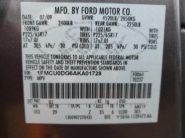 1FMCU0DG6AKA01728 - 2010 FORD ESCAPE XLT GRAY photo 14