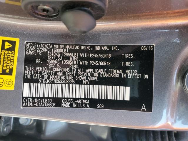 5TDJKRFHXGS308395 - 2016 TOYOTA HIGHLANDER XLE GRAY photo 13