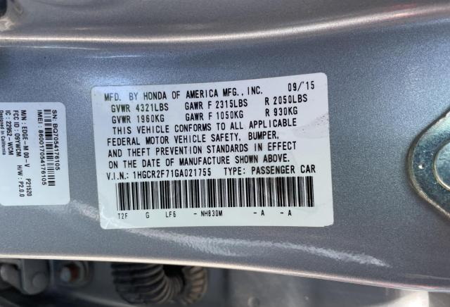 1HGCR2F71GA021755 - 2016 HONDA ACCORD EX SILVER photo 10