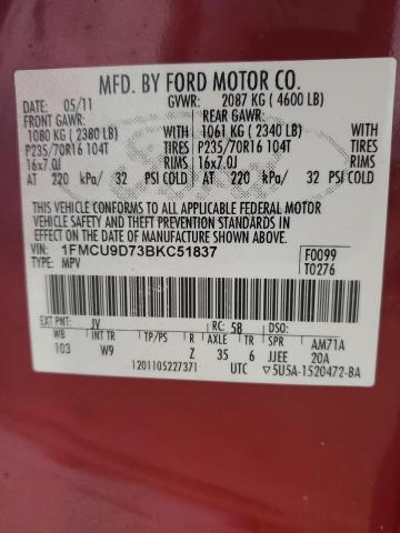 1FMCU9D73BKC51837 - 2011 FORD ESCAPE XLT BURGUNDY photo 13