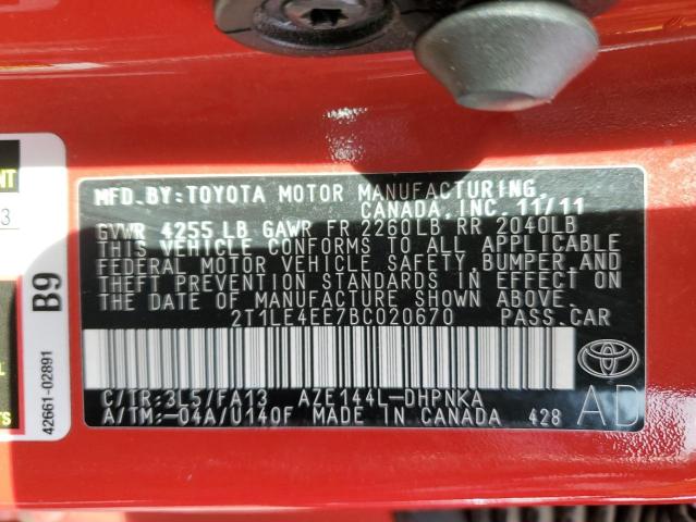 2T1LE4EE7BC020670 - 2011 TOYOTA COROLLA MA S RED photo 12