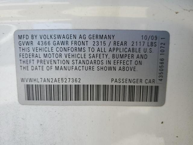 WVWHL7AN2AE527362 - 2010 VOLKSWAGEN CC LUXURY WHITE photo 12