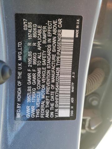 SHHFK7H54HU224428 - 2017 HONDA CIVIC EX BLUE photo 12