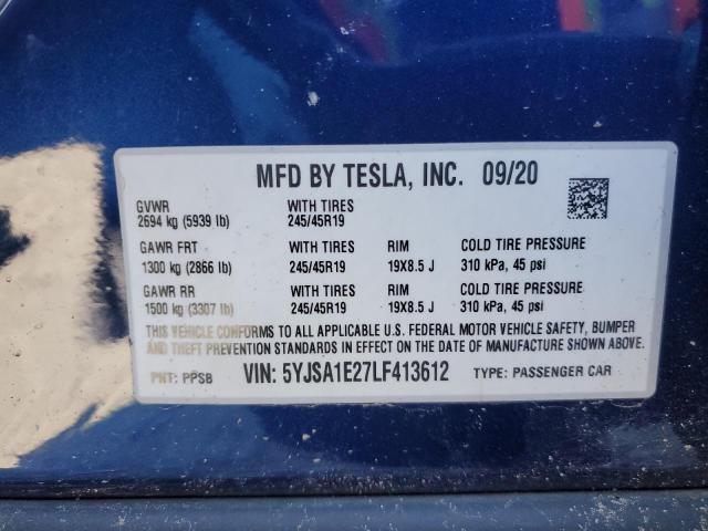 5YJSA1E27LF413612 - 2020 TESLA MODEL S 蓝色 照片 12
