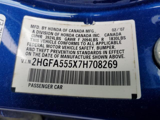 2HGFA555X7H708269 - 2007 HONDA CIVIC SI BLUE photo 12