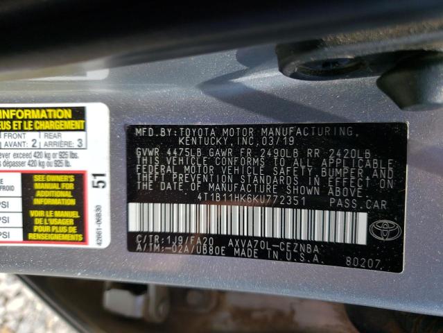 4T1B11HK6KU772351 - 2019 TOYOTA CAMRY L SILVER photo 12