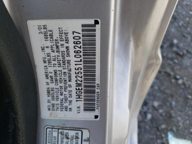 1HGEM22551L062607 - 2001 HONDA CIVIC LX SILVER photo 12