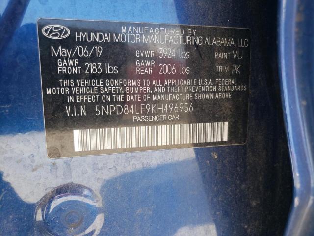 5NPD84LF9KH496956 - 2019 HYUNDAI ELANTRA SEL BLUE photo 12