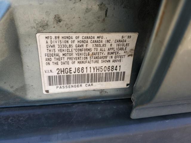 2HGEJ6611YH506841 - 2000 HONDA CIVIC BASE BLUE photo 12