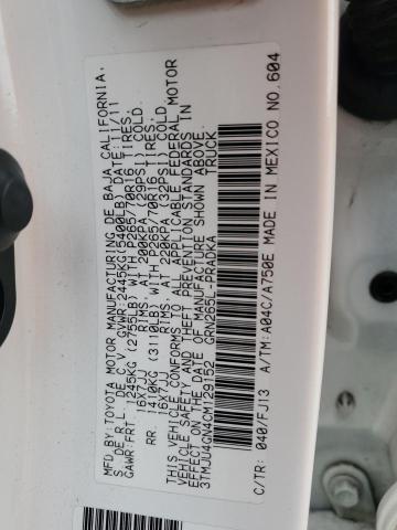 3TMJU4GN4CM129152 - 2012 TOYOTA TACOMA DOUBLE CAB PRERUNNER WHITE photo 12