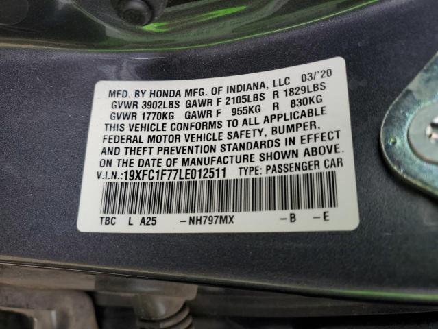 19XFC1F77LE012511 - 2020 HONDA CIVIC EXL GRAY photo 12