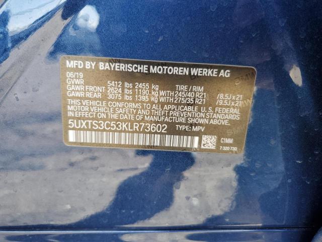 5UXTS3C53KLR73602 - 2019 BMW X3 XDRIVEM40I ლურჯი ფოტო 13