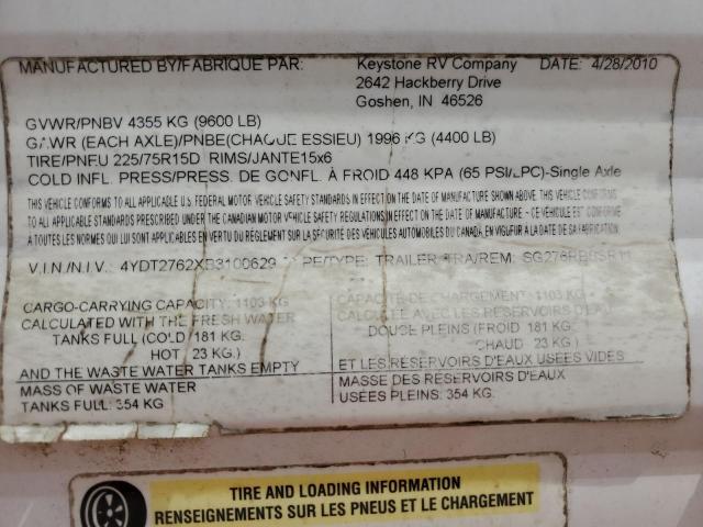 4YDT2762XB3100629 - 2011 KEYSTONE SPRINTER WHITE photo 10