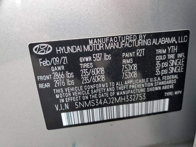 5NMS34AJ2MH332753 - 2021 HYUNDAI SANTA FE SEL SILVER photo 13