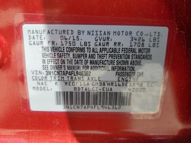 3N1CN7AP4FL946362 - 2015 NISSAN VERSA S RED photo 12