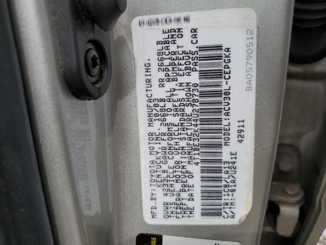 4T1BE32K44U278730 - 2004 TOYOTA CAMRY LE SILVER photo 12