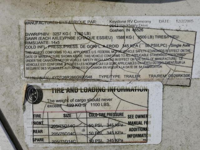 4YDT26R266G920548 - 2006 KEYSTONE OUTBACK WHITE photo 10