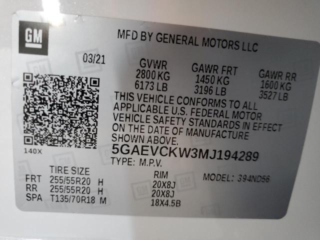 5GAEVCKW3MJ194289 - 2021 BUICK ENCLAVE AVENIR WHITE photo 13