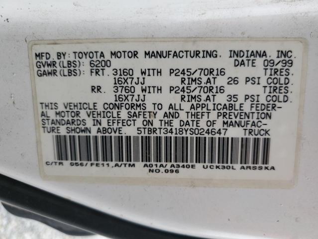 5TBRT3418YS024647 - 2000 TOYOTA TUNDRA ACCESS CAB თეთრი ფოტო 12