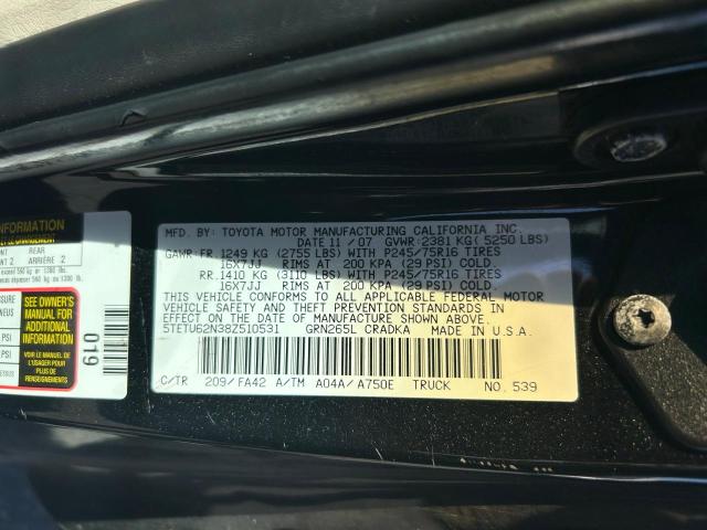 5TETU62N38Z510531 - 2008 TOYOTA TACOMA PRERUNNER ACCESS CAB BLACK photo 10