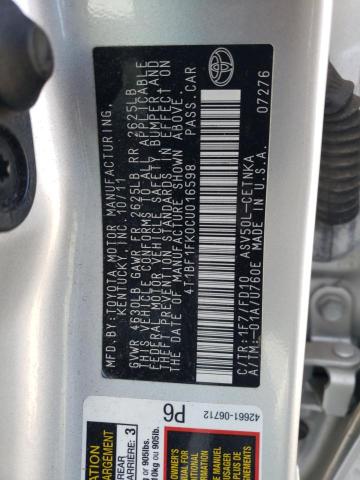 4T1BF1FK0CU016598 - 2012 TOYOTA CAMRY BASE SILVER photo 12