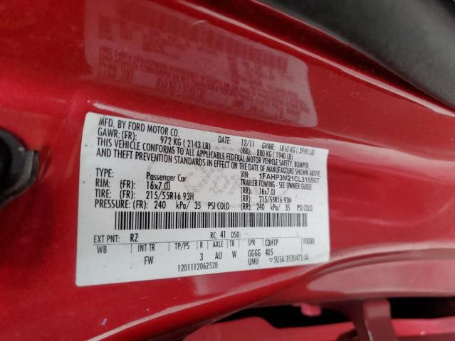 1FAHP3M21CL315507 - 2012 FORD FOCUS SEL RED photo 12