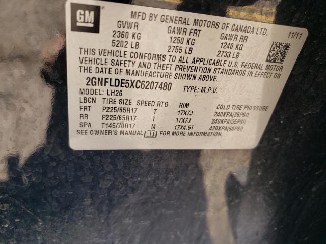 2GNFLDE5XC6207480 - 2012 CHEVROLET EQUINOX LT BLACK photo 12