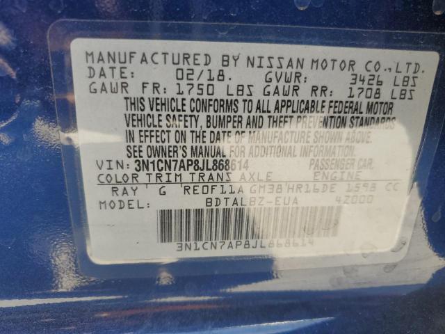 3N1CN7AP8JL868614 - 2018 NISSAN VERSA S BLUE photo 12