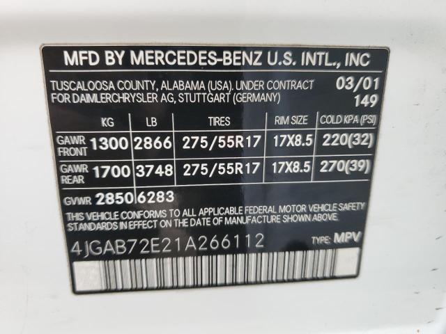 4JGAB72E21A266112 - 2001 MERCEDES-BENZ ML 430 WHITE photo 12