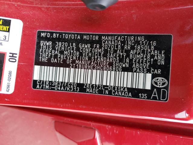 2T1BURHE3HC806806 - 2017 TOYOTA COROLLA L RED photo 12