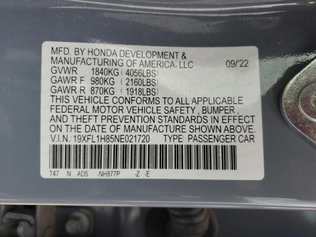 19XFL1H85NE021720 - 2022 HONDA CIVIC SPORT TOURING GRAY photo 12