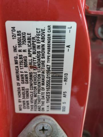 1HGES16355L015947 - 2005 HONDA CIVIC DX VP Qırmızı foto 12