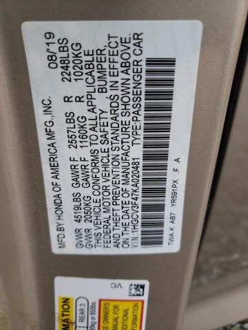 1HGCV3F47KA020481 - 2019 HONDA ACCORD HYBRID EX TAN photo 13