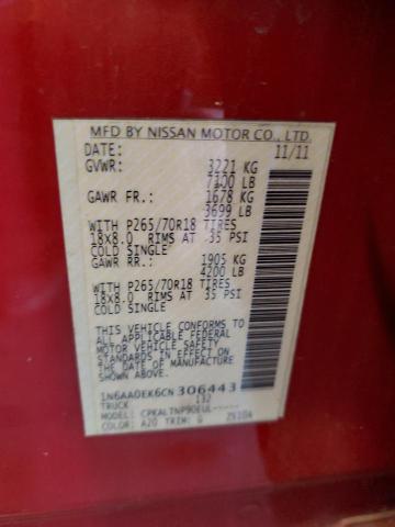 1N6AA0EK6CN306443 - 2012 NISSAN TITAN S RED photo 12